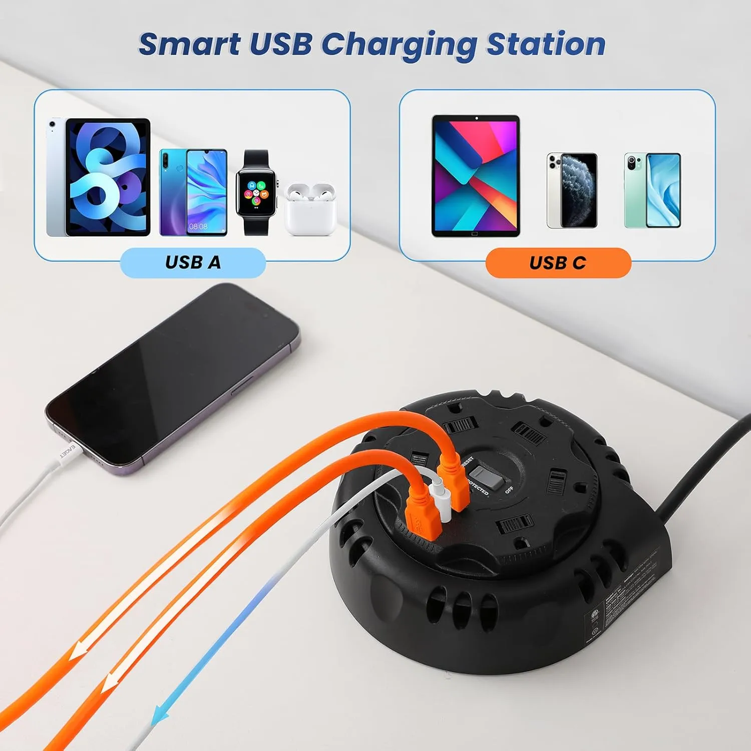 10ft Flat Plug Surge Protector Power Strip, Retractable Extension Cord with Multiple Outlets, 5 AC & 3 USB Charger(1 USB C Port), Desktop Charging Stations for Home/Office/Dorm Room