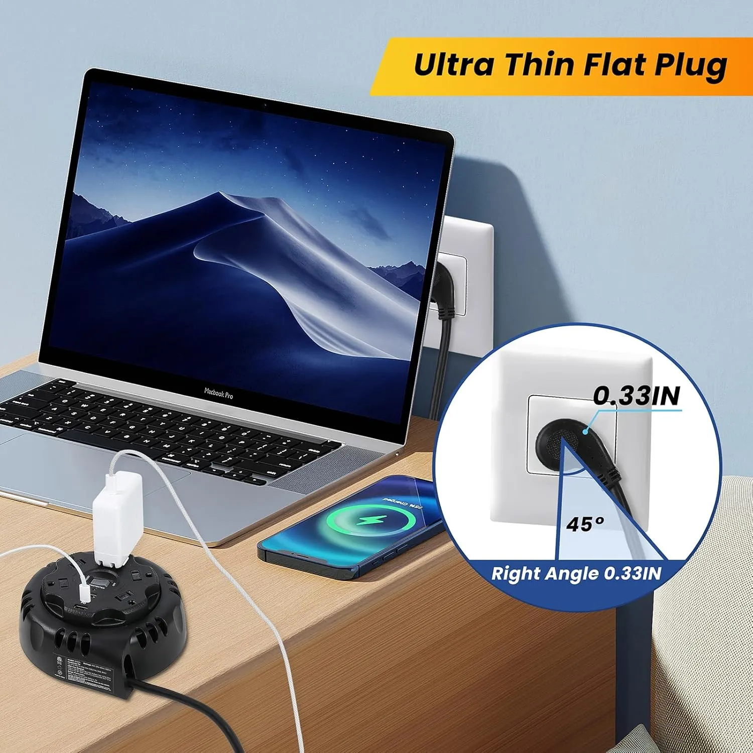 10ft Flat Plug Surge Protector Power Strip, Retractable Extension Cord with Multiple Outlets, 5 AC & 3 USB Charger(1 USB C Port), Desktop Charging Stations for Home/Office/Dorm Room