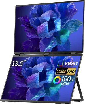18.5" Dual Screen Portable Monitor Set 100Hz, 100% sRGB, 1080P HDR - 330 Rotation, Folding Design Versatile Solution for Laptop, PC, Phone, Game Console Includes Stand and VESA Mount Plug and Play