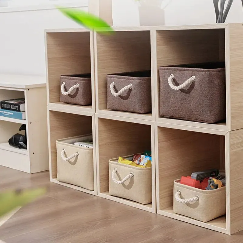 1pc Beige Grey Foldable Linen Storage Basket for Office Bedroom Closet with Handle