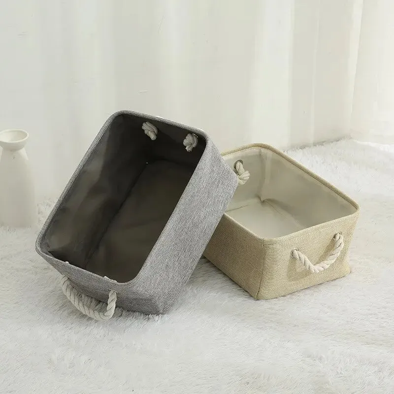 1pc Beige Grey Foldable Linen Storage Basket for Office Bedroom Closet with Handle