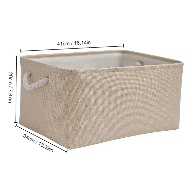 1pc Beige Grey Foldable Linen Storage Basket for Office Bedroom Closet with Handle