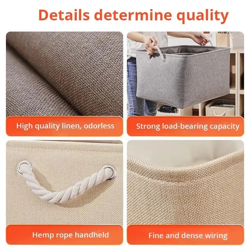 1pc Beige Grey Foldable Linen Storage Basket for Office Bedroom Closet with Handle