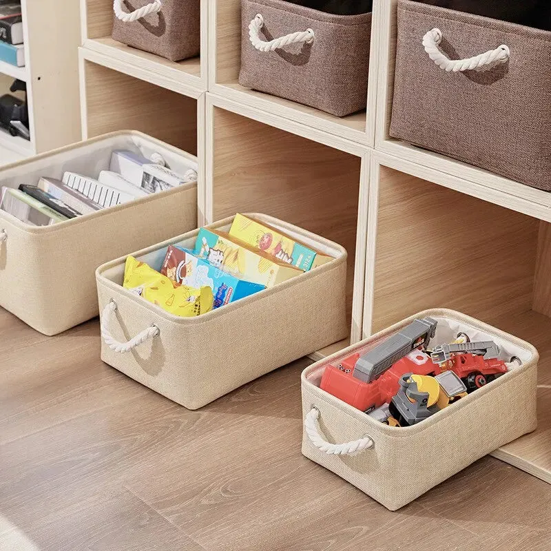1pc Beige Grey Foldable Linen Storage Basket for Office Bedroom Closet with Handle