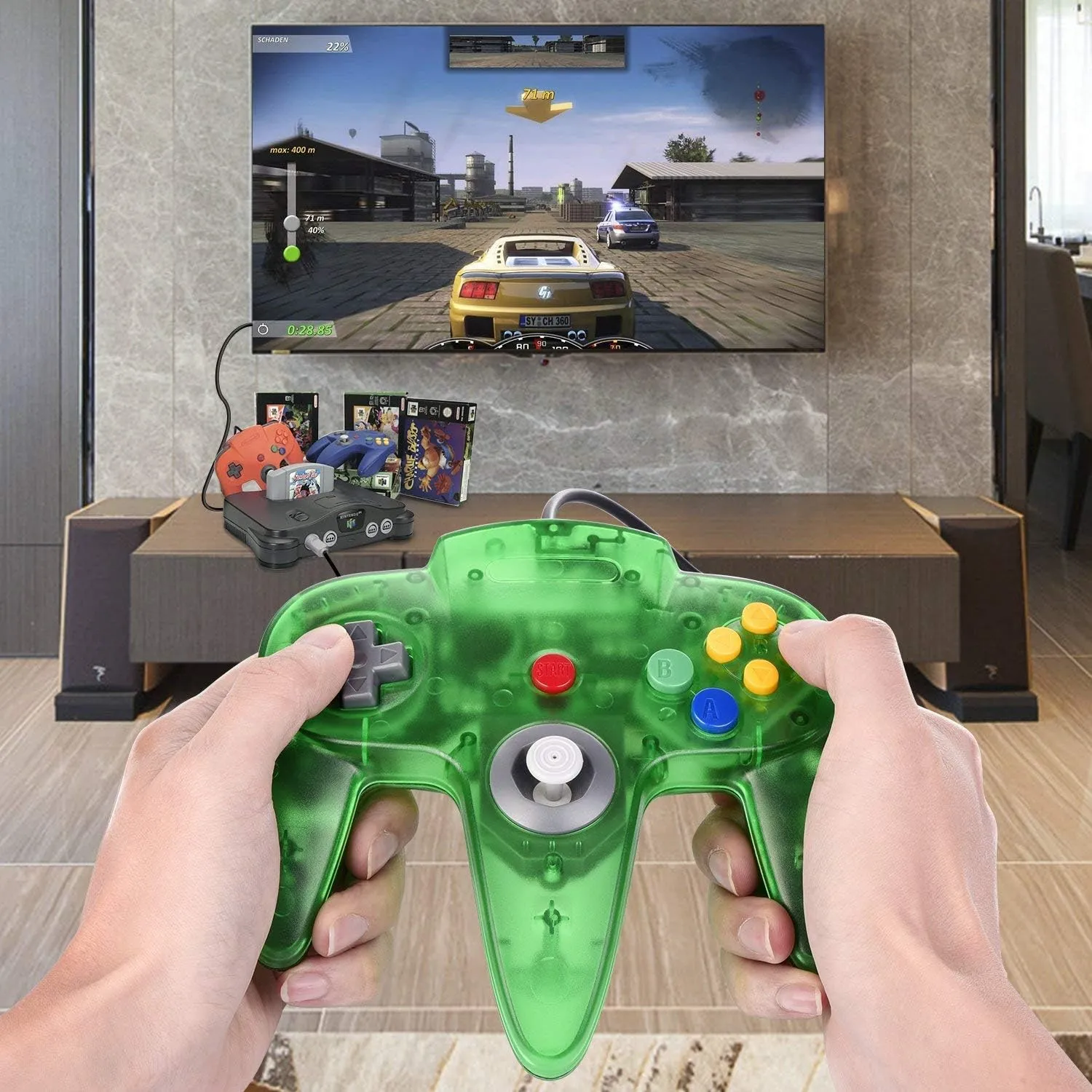 2-Pack Wired Classic 64 Controller Bundle with 2 Extension Cords [1.8m/6ft ] Compatible with N64 Video Game Console (Clear Orange and Green)