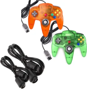 2-Pack Wired Classic 64 Controller Bundle with 2 Extension Cords [1.8m/6ft ] Compatible with N64 Video Game Console (Clear Orange and Green)