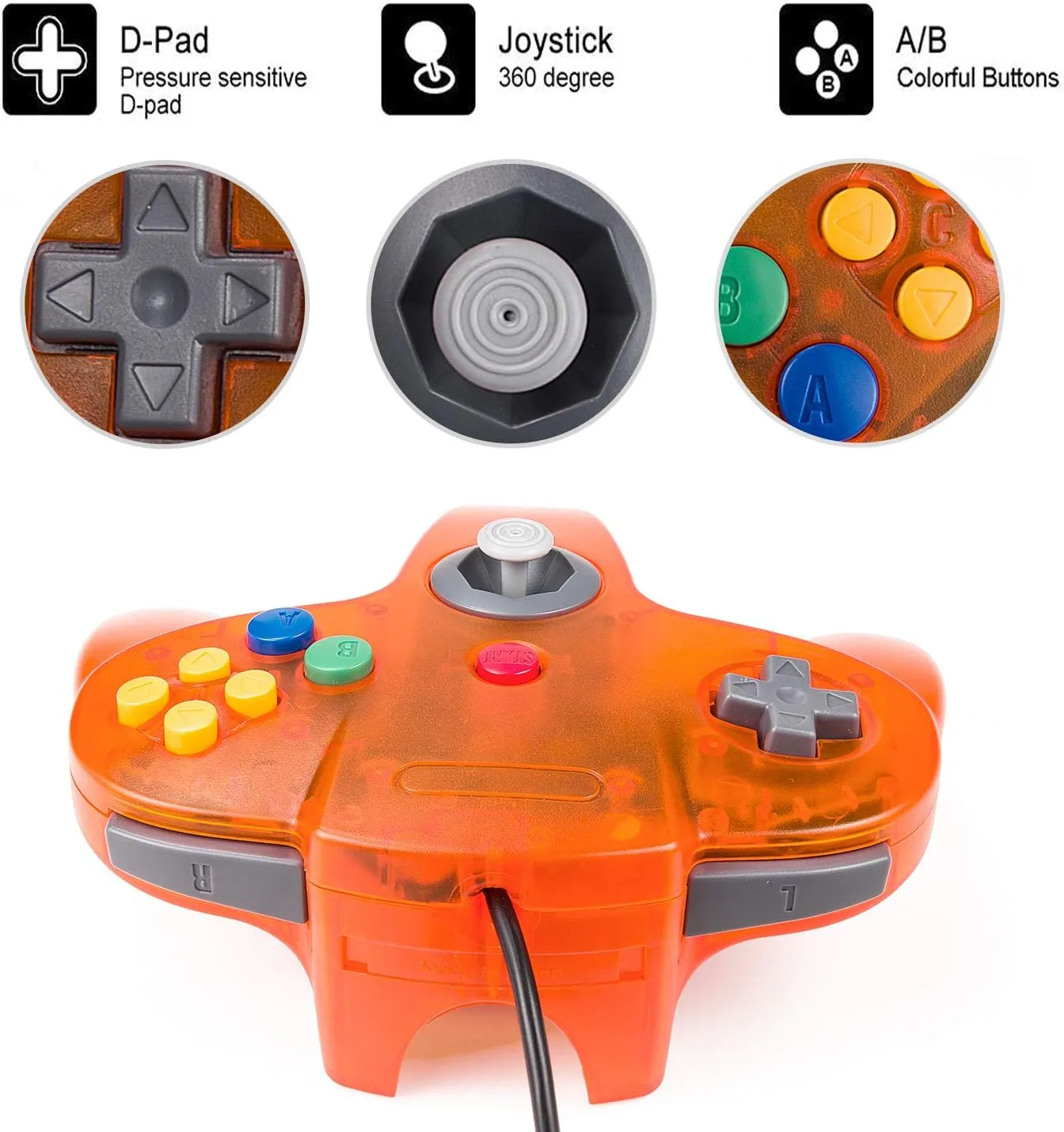 2-Pack Wired Classic 64 Controller Bundle with 2 Extension Cords [1.8m/6ft ] Compatible with N64 Video Game Console (Clear Orange and Green)