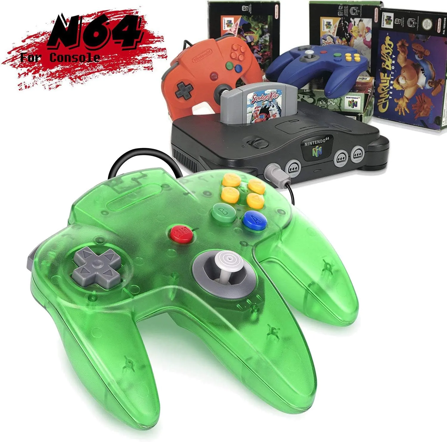 2-Pack Wired Classic 64 Controller Bundle with 2 Extension Cords [1.8m/6ft ] Compatible with N64 Video Game Console (Clear Orange and Green)