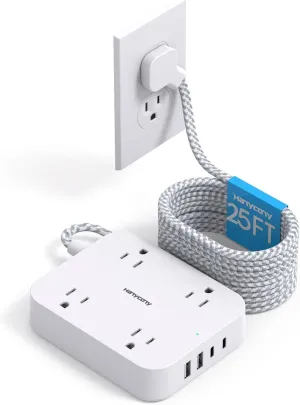 25 Ft Extension Cord, HANYCONY Ultra Thin Flat Plug Power Strip with 4 Outlets 4 USB Ports (2 USB C), Wall Mount, Desk Charging Station for Office, School, Travel and Dorm Room Essentials, ETL Listed