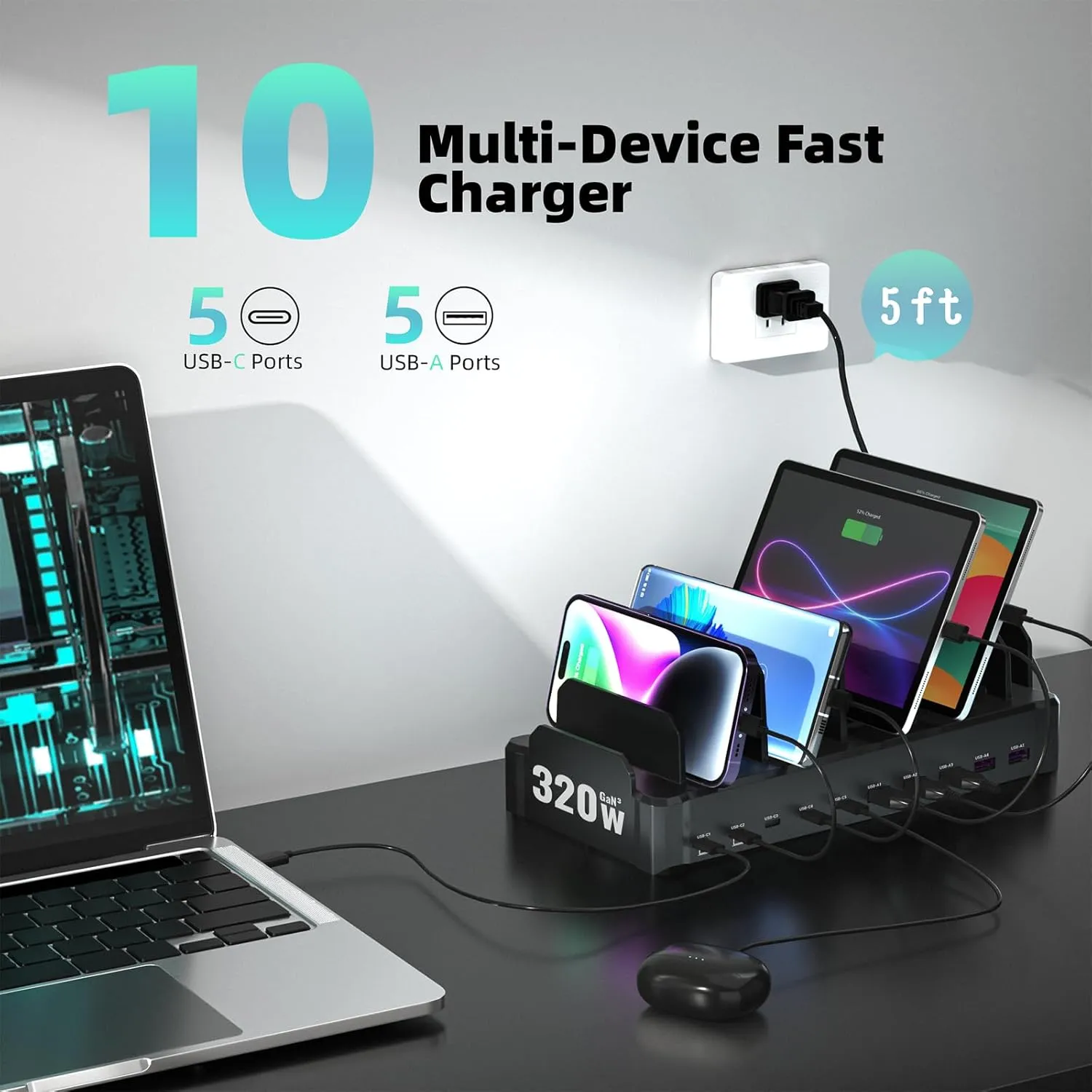 320W Charging Station for Multiple Devices, Zobirez 10-Port USB C Fast Charger Stations for MacBook, iPhone, Android Cell Phone, iPad, Tablet, Family Multi-Device Organizer Charging Dock, Black