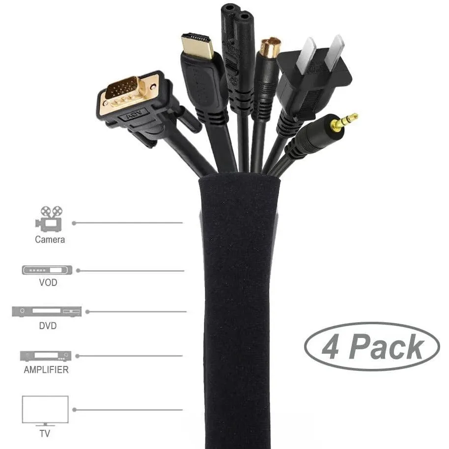 4 Piece Black Cable Management Sleeve for TV/Computer/Home Entertainment, 19-20 inch