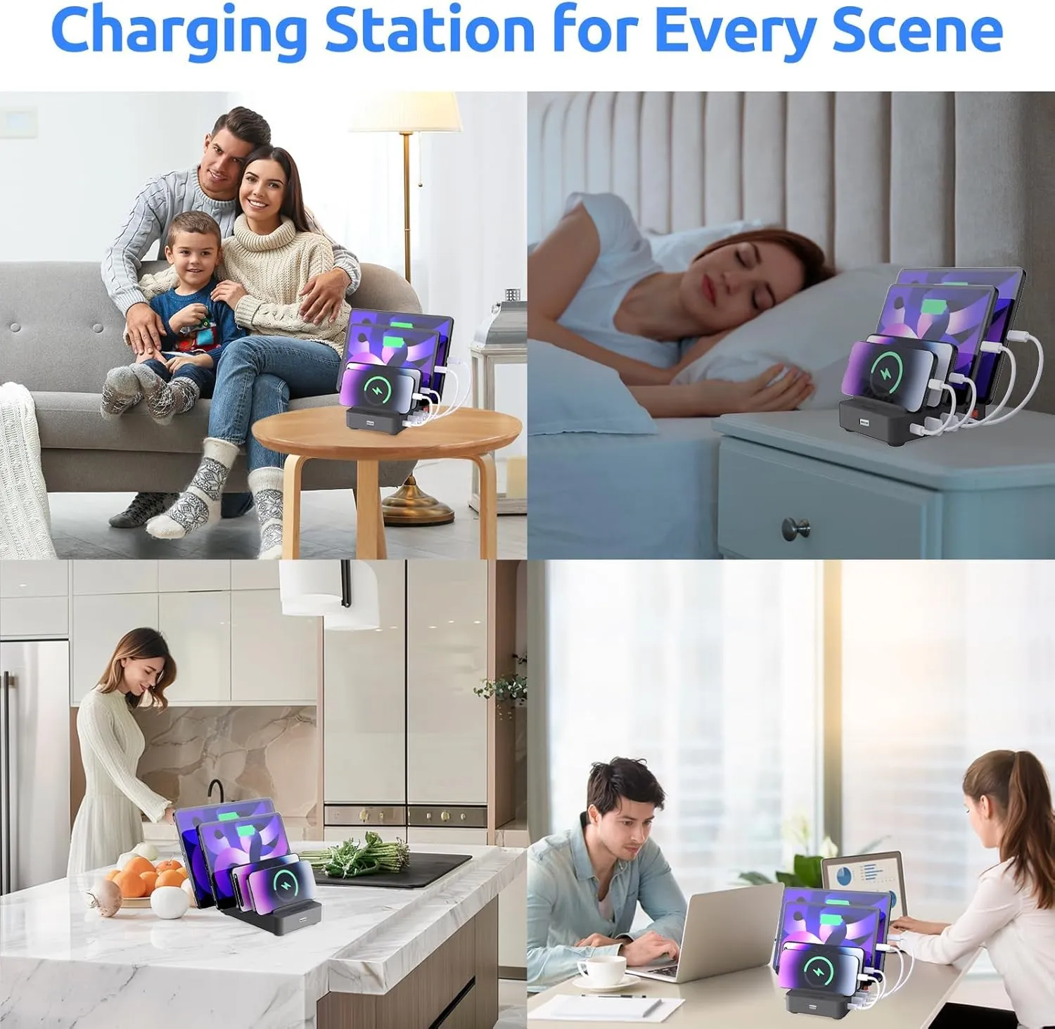 4-Port Charging Station for Multiple Devices, USB Charger Stations Multi-Device Organizer Charging Dock, Compatible with Cell Phones, iPads, Kindle Tablets, and Other Electronics (Gray)