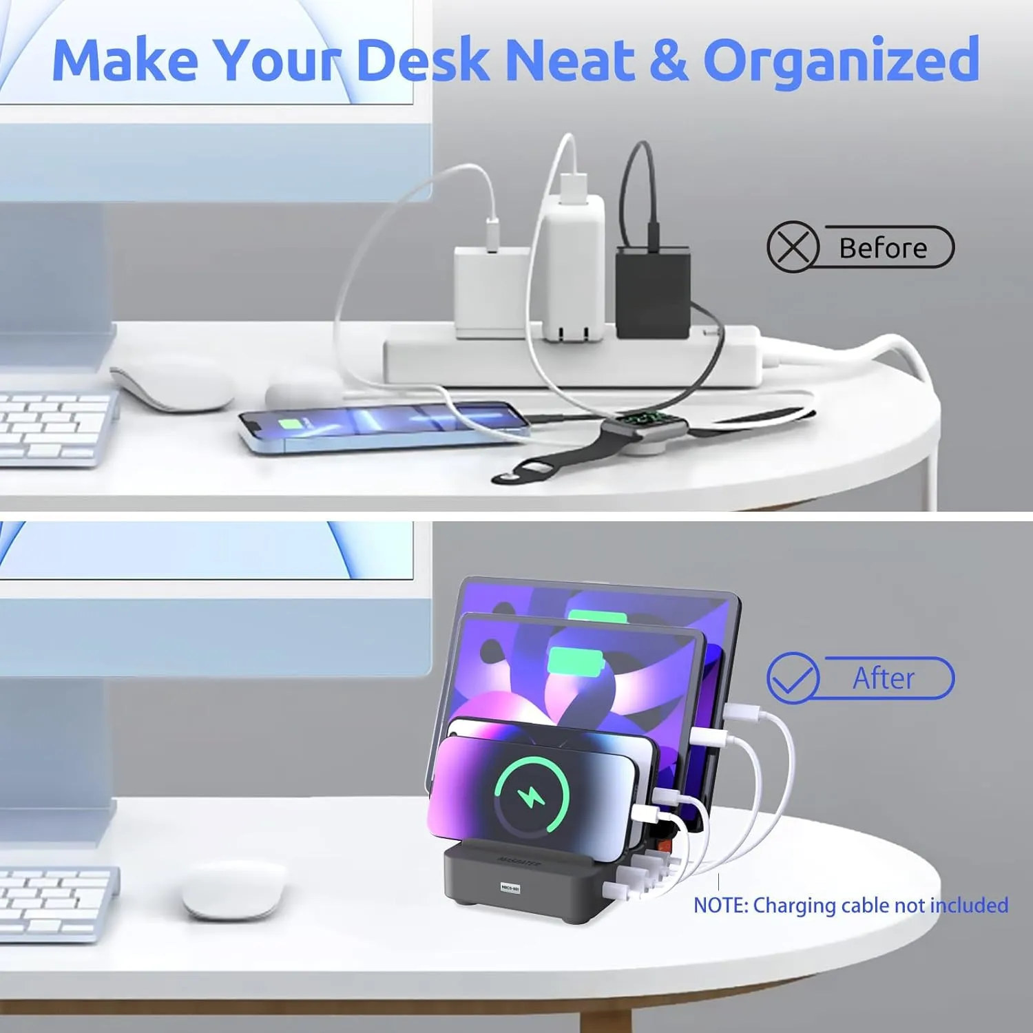 4-Port Charging Station for Multiple Devices, USB Charger Stations Multi-Device Organizer Charging Dock, Compatible with Cell Phones, iPads, Kindle Tablets, and Other Electronics (Gray)