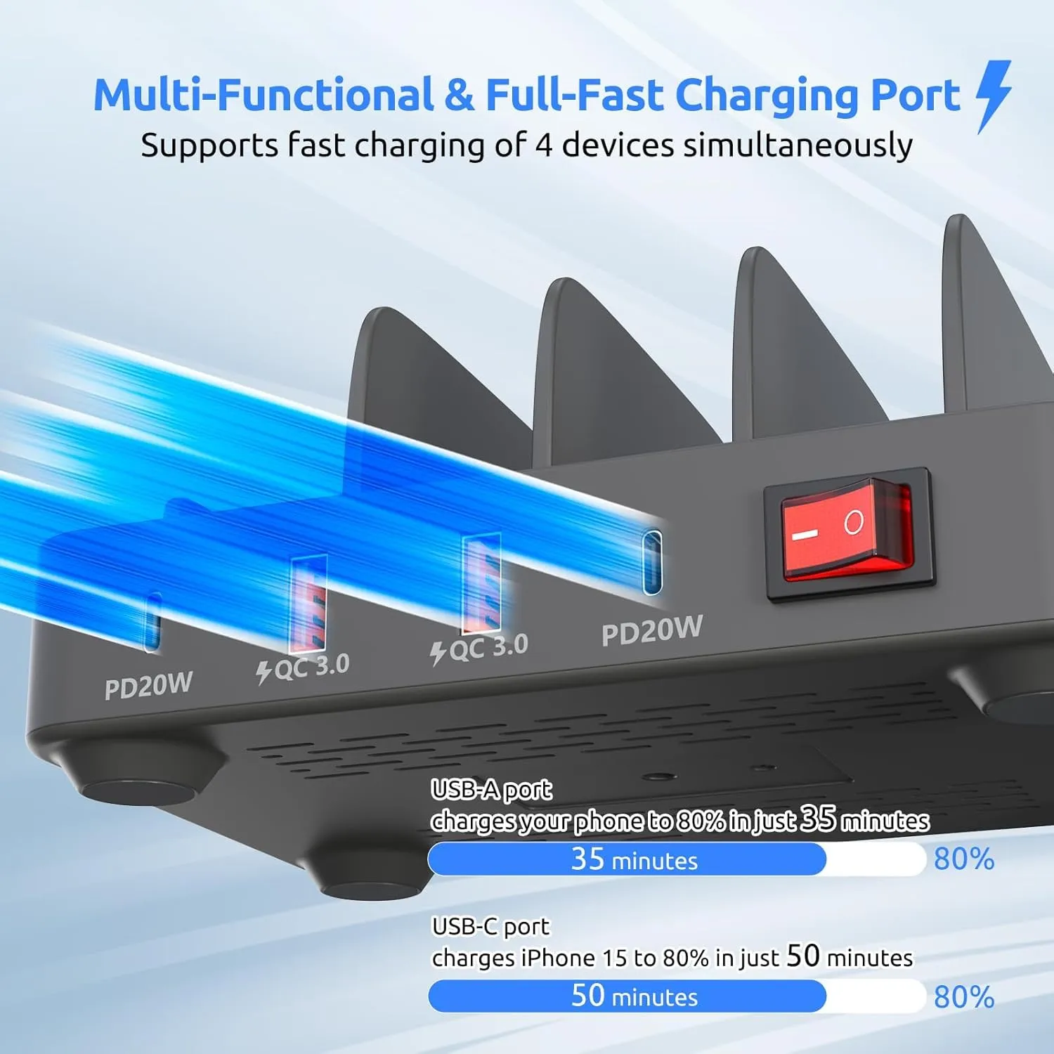 4-Port Charging Station for Multiple Devices, USB Charger Stations Multi-Device Organizer Charging Dock, Compatible with Cell Phones, iPads, Kindle Tablets, and Other Electronics (Gray)