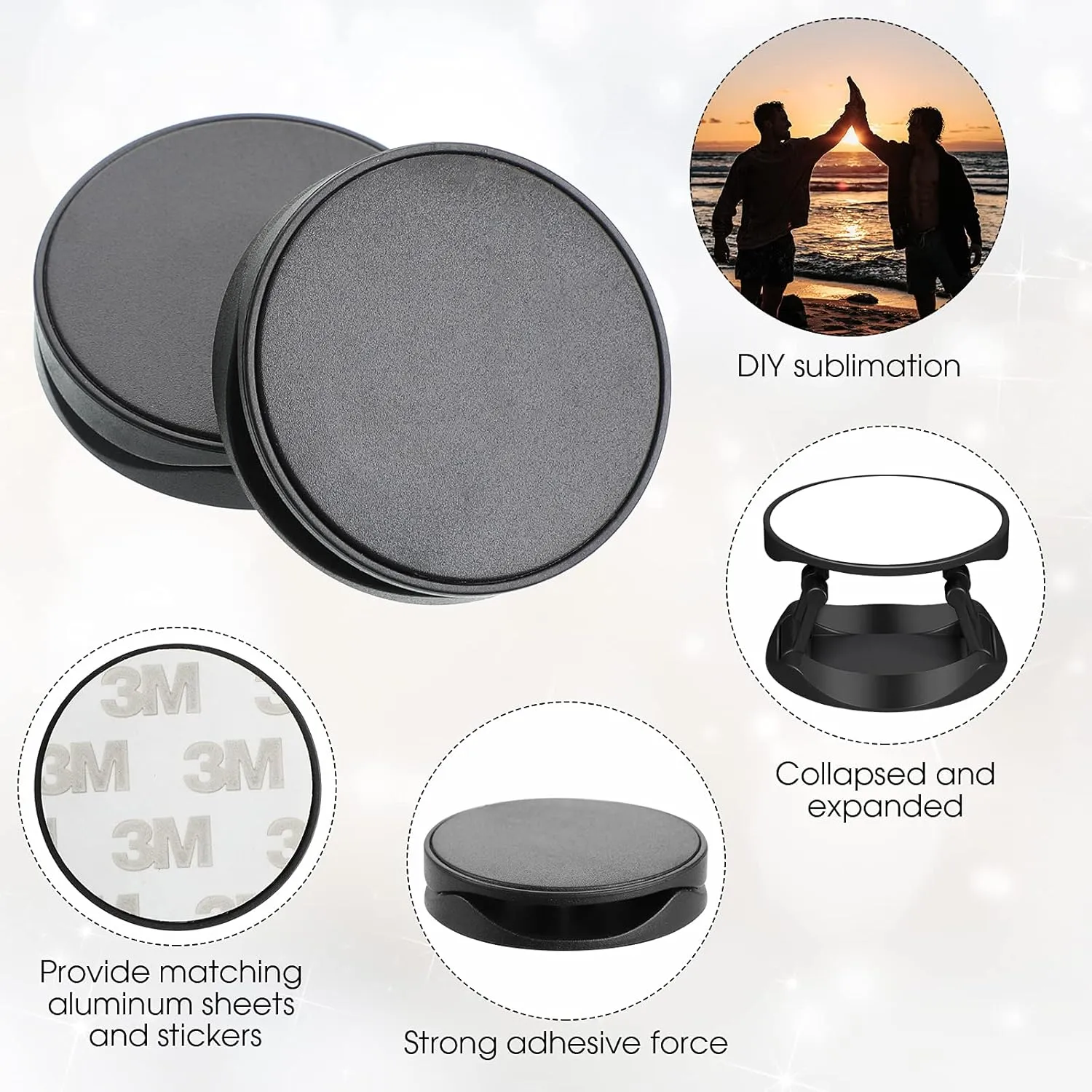 40 Pieces Blank Sublimation Phone Grip Holders Include 40 Collapsible Brackets and Sublimation Aluminum Sheets and Double-Sided Stickers DIY Expanding Finger Stand for Smartphones and Tablets (Black)