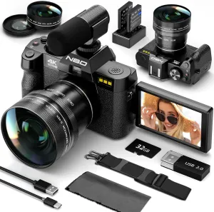 48MP Digital Cameras for Photography - 16X Zoom Travel Camera with 180 Flip Screen, 4K Vlogging Cameras Fotograficas for YouTube, Auto Focus, Macro Lens, 2 Batteries & 32GB SD CardBlack