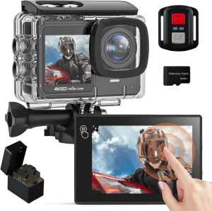 4K 60FPS Touchscreen Action Camera, Waterproof Camera with 64GB SD Card 8X Zoom 24MP Underwater Camera 131FT Sports Cameras 170 WIFI Cameras with 2*1350mAh Batteries Helmet Accessories Kit