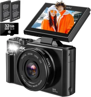 4K Digital Camera - Digital Cameras for Photography - 64MP Vlogging Camera for YouTube - Autofocus Video Camera 3" 180 Flip Screen with 18X Zoom - Compact Travel Cameras with 32GB SD Card 2 Batteries