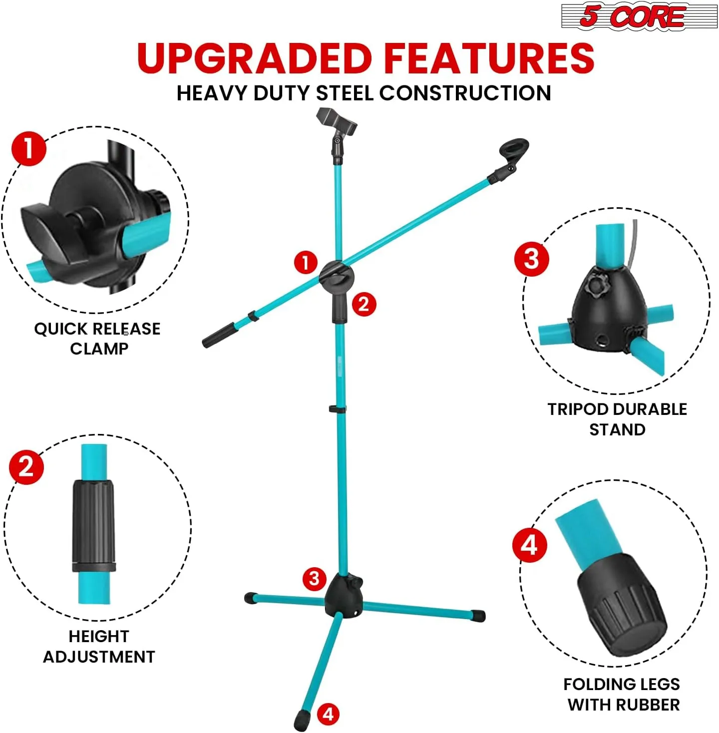 5 Core Tripod Mic Stand Floor Adjustable 31 to 76 Inches Boom Arm Holder Microphone Stands 360 Degree Rotating   Dual Mic MS DBL G SKY BLU