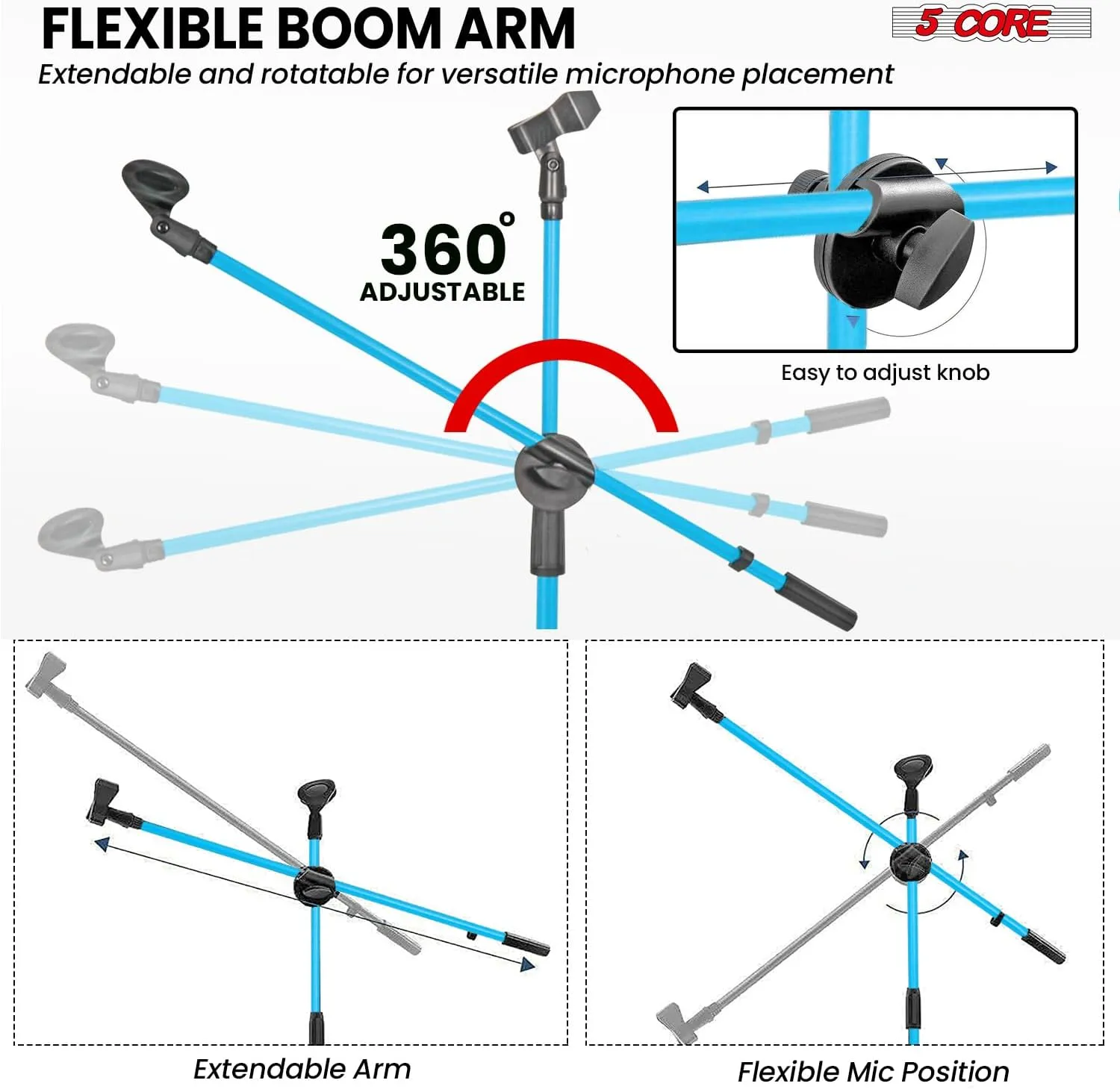 5 Core Tripod Mic Stand Floor Adjustable 31 to 76 Inches Boom Arm Holder Microphone Stands 360 Degree Rotating   Dual Mic MS DBL G SKY BLU