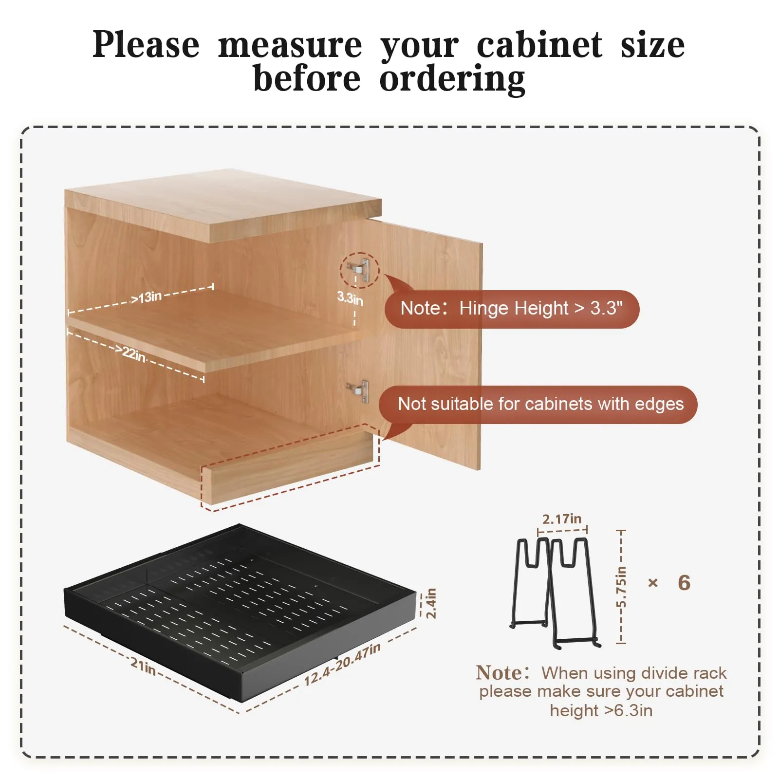 6 Pack Pull out Cabinet Organizer 21"Deep, Expandable Slide out Drawers for Kitchen Cabinets with 6pcs Divider Racks, Peel and Stick Pull out Drawers, Cabinet Roll out Shelves 12.4"-20.5" W (Black)