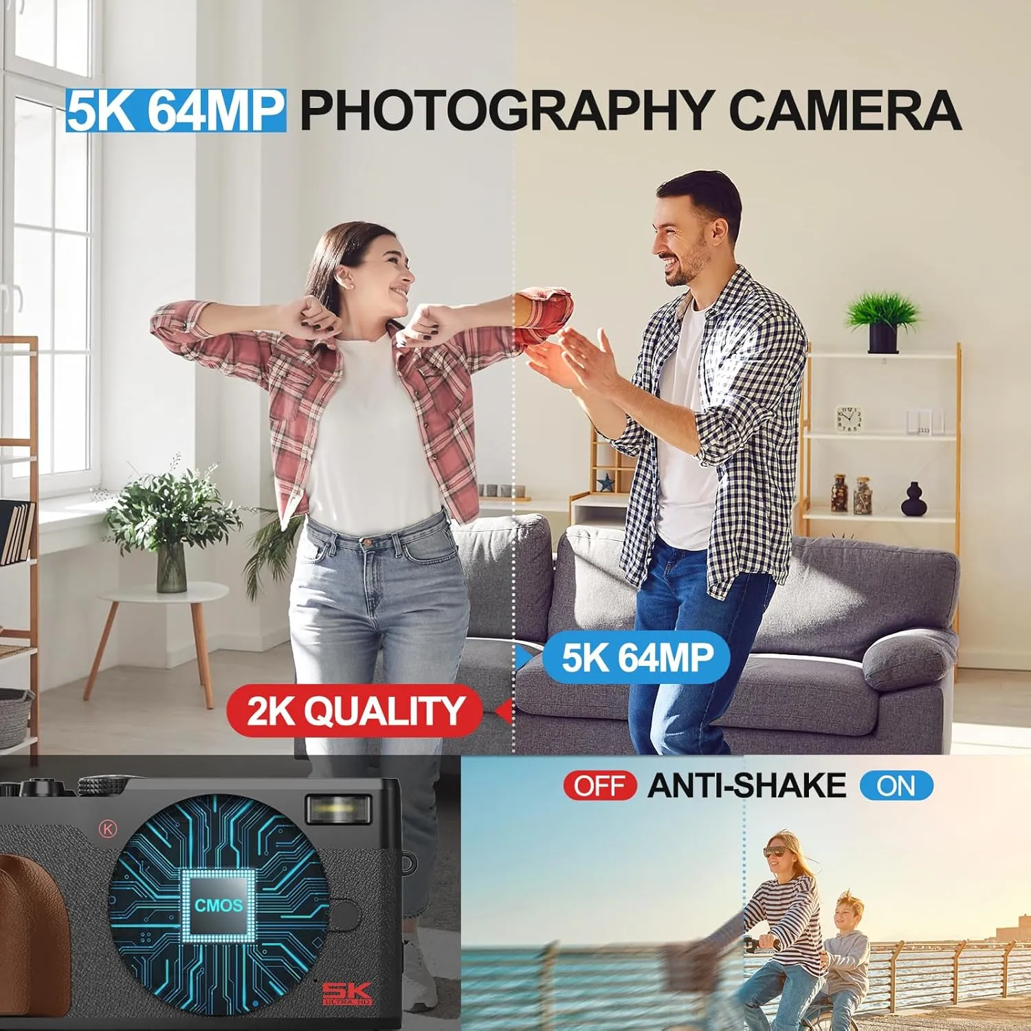 64MP Digital Cameras for Photography, 5K Autofocus Digital Cameras with 32GB TF Card & 2 Batteries,18X Zoom Anti-Shake Vlogging Camera for YouTube (Black)
