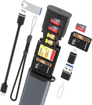 9-in-1 SD/TF Card Reader and Storage Case with USB-C Cable & Lighting/USB A Adapter - Portable Memory Card Holder for Cameras, Phones, Computers, and Drones, Includes LED Light