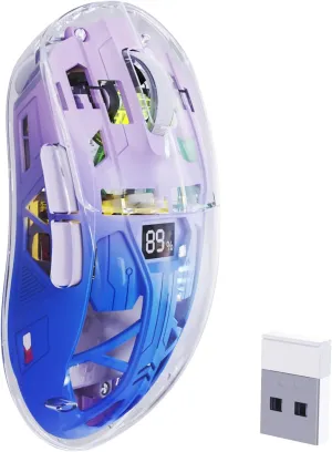 A2 Transparent Wireless Gaming Mouse,Dual Mode BT 5.0/2.4G PC Gaming Mice,PixArt 3212 5 Adjustable DPI,Rechargeable Silent Mouse with Digital Screen,RGB Backlight Mouse for Win/Mac(Purple)