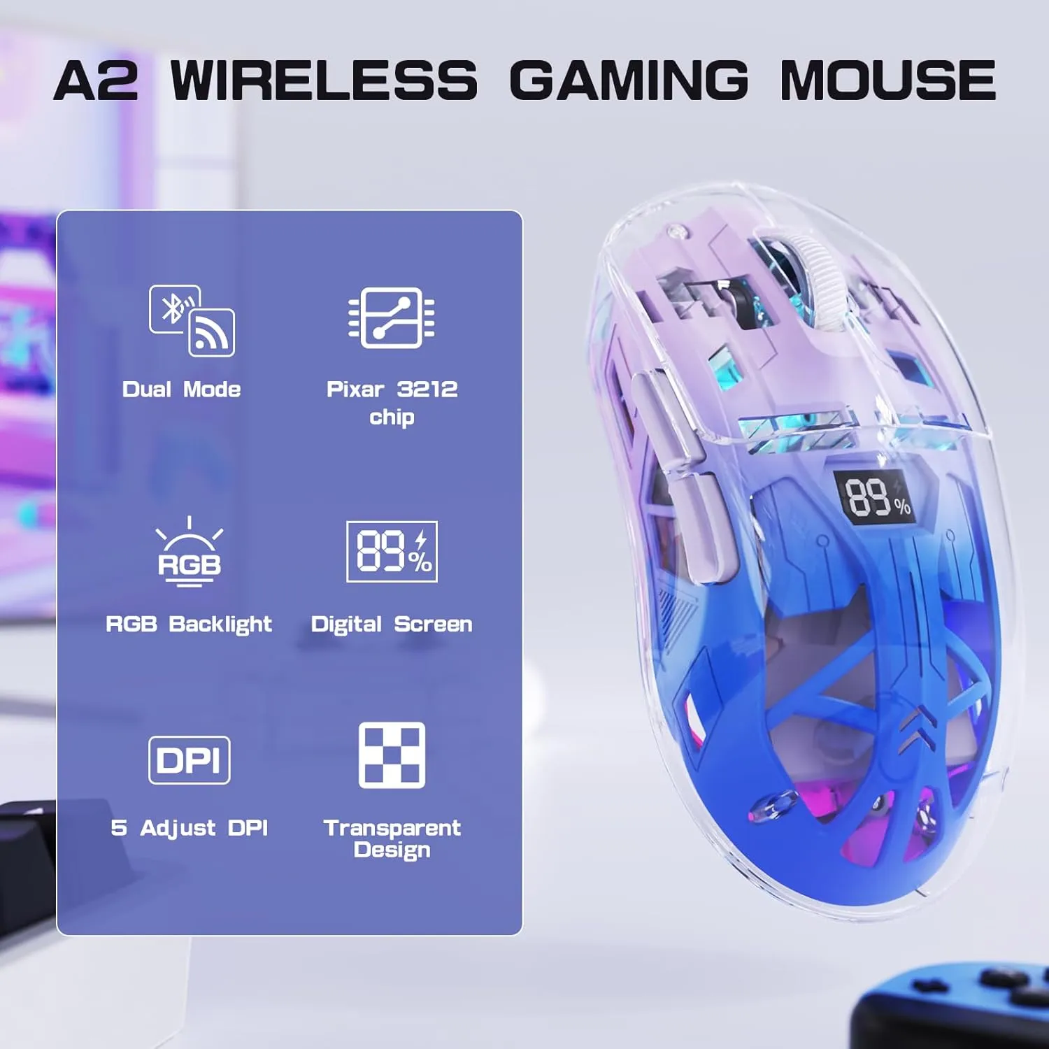 A2 Transparent Wireless Gaming Mouse,Dual Mode BT 5.0/2.4G PC Gaming Mice,PixArt 3212 5 Adjustable DPI,Rechargeable Silent Mouse with Digital Screen,RGB Backlight Mouse for Win/Mac(Purple)