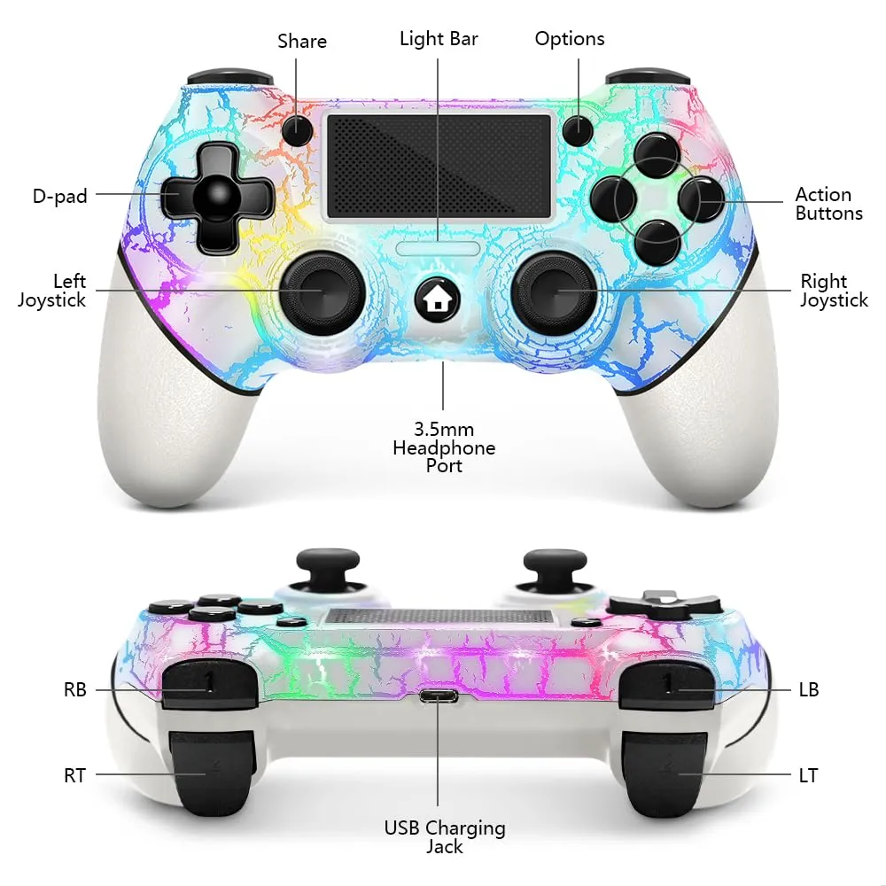 AceGamer Wireless Controller for PS4, White Crack Custom Design with RGB Light,1000mAh Battery and 3.5mm Audio Jack, V2 Gamepad Joystick Compatible with PS4/Slim/Pro and Windows PC! (White-Light Up)