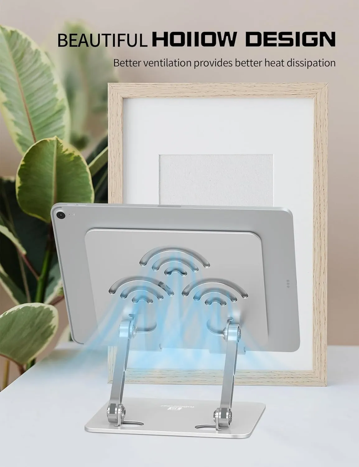 Adjustable Tablet Stand for Desk, Premium Aluminum Holder for iPads, Tablets, Kindles, Switch, Phones, and All Devices up to 14 Inches. Portable and Foldable Silver, Plus Size