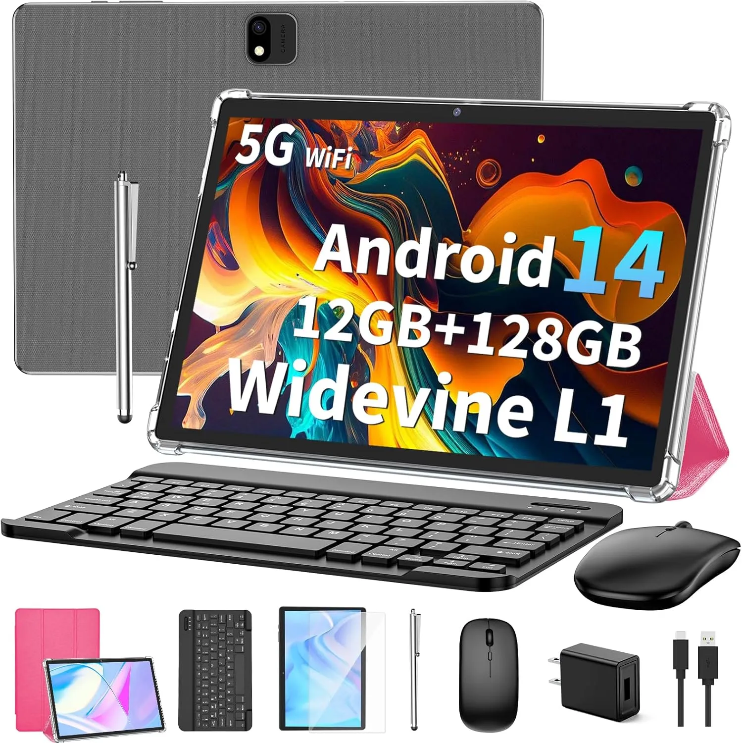 Android 14 Tablet with Keyboard, 12GB RAM (6 6), 128GB Storage, 1TB Expandable, 8000mAh Battery, 10 Inch 2-in-1 Tablets, Includes Case, Mouse & StylusPink