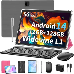 Android 14 Tablet with Keyboard, 12GB RAM (6 6), 128GB Storage, 1TB Expandable, 8000mAh Battery, 10 Inch 2-in-1 Tablets, Includes Case, Mouse & StylusPink