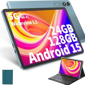 Android Tablet with Keyboard, Android 15 Tablet 10 inch with 24GB 128GB, 1TB Expand, 8-Core, 8000mAh, 5G WiFi, Widevine L1, GMS, with Case, Keyboard, Mouse, Stylus(Green)