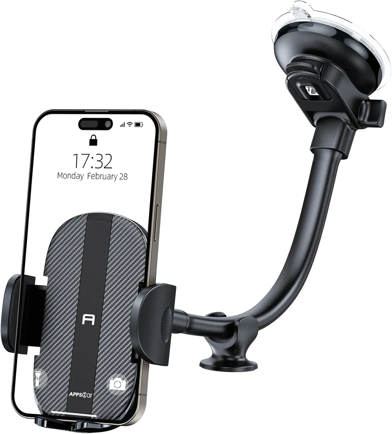 APPS2Car Cell Phone Holder for Car Dashboard Windshield Phone Mount for Car Long Arm Car Phone Holder Mount Strong Suction Cup Anti-Shake Stabilizer Compatible for iPhone, Samsung, All Smartphones