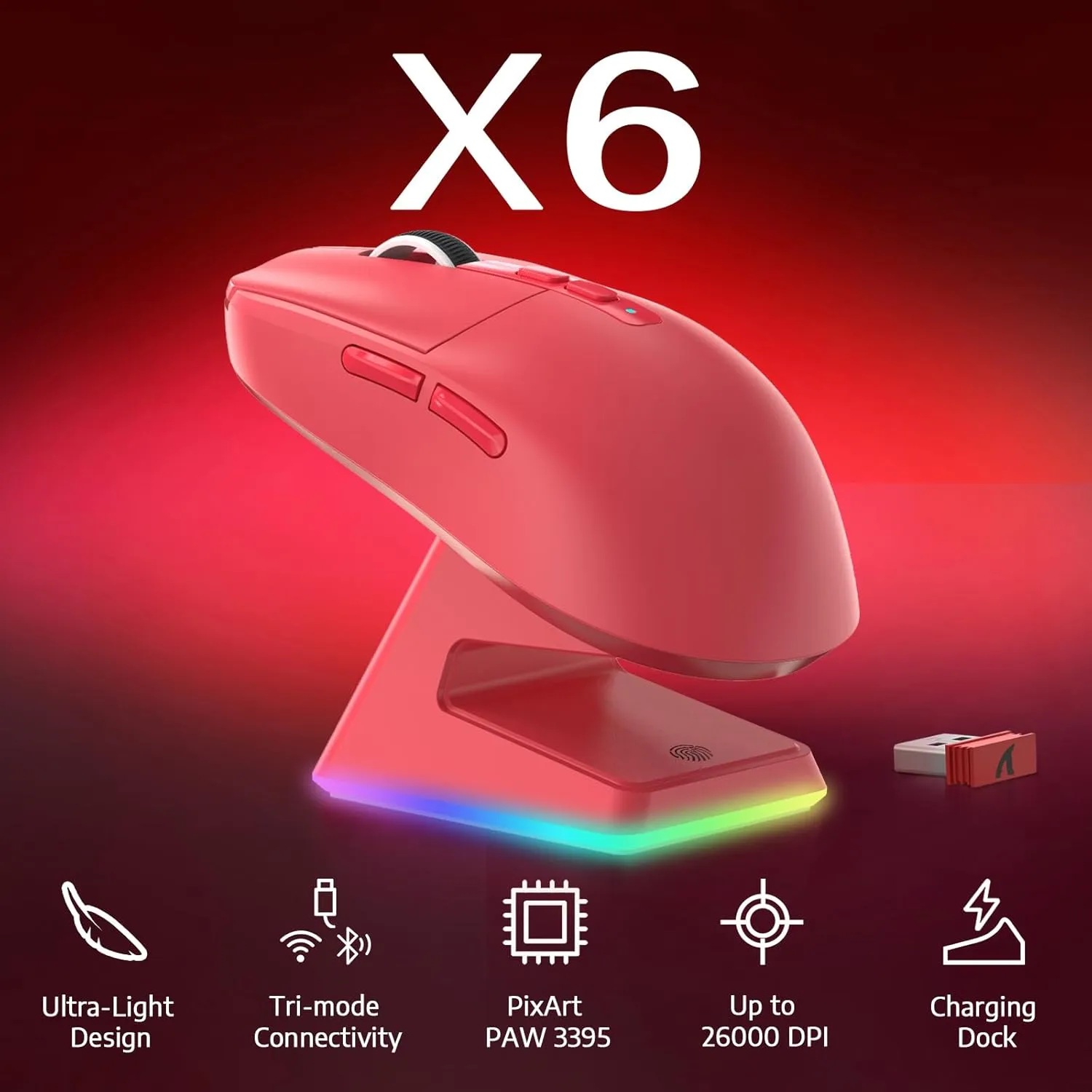 ATTACK SHARK X6 49g Superlight Wireless Gaming Mouse with Magnetic RGB Charging Base, Ultralight Mice PixArt PAW3395 Sensor, 26000DPI, BT/2.4G Wireless/Wired Mouse, 200Hrs Battery for Win/Mac (Red)