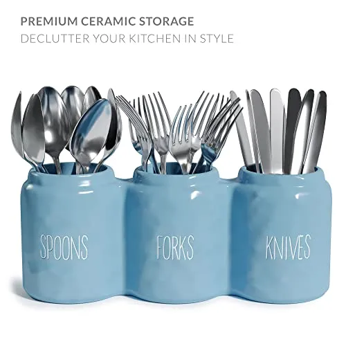 Barnyard Designs Silverware Caddy for Countertop - Cutlery Organizer for Spoon, Fork, and Knife - Ceramic Utensil Holder for Flatware or Plasticware - Perfect for Parties - 12.5” x 4.25” x 5