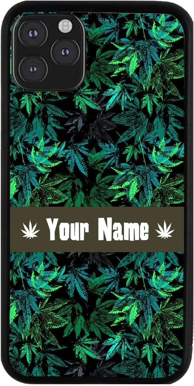 Bleu Reign Personalized Phone Case for iPhone Dark Green Marijuana Leaves Trippy High, iPhone 5 to 16 (Add Custom Name)