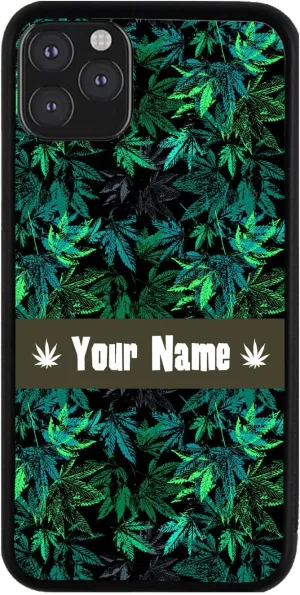 Bleu Reign Personalized Phone Case for iPhone Dark Green Marijuana Leaves Trippy High, iPhone 5 to 16 (Add Custom Name)
