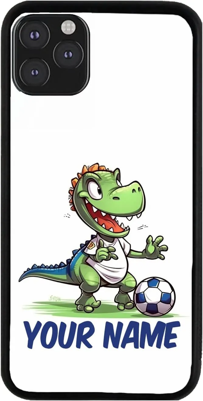 Bleu Reign Personalized Phone Case for iPhone Dinosaur Playing Soccer, iPhone 5 to 16 (Add Custom Name)