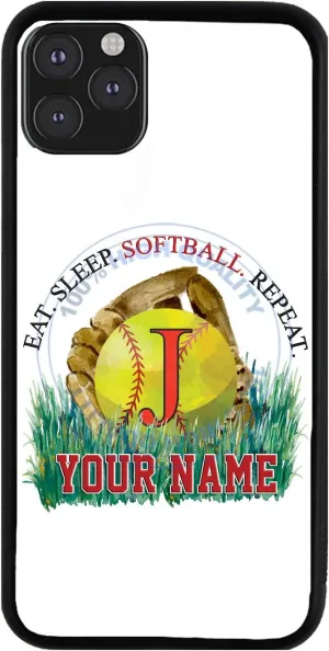 Bleu Reign Personalized Phone Case for iPhone Eat Sleep Play Softball Monogram Letter J, iPhone 5 to 16 (Add Custom Name)