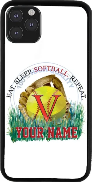 Bleu Reign Personalized Phone Case for iPhone Eat Sleep Play Softball Monogram Letter V, iPhone 5 to 16 (Add Custom Name)