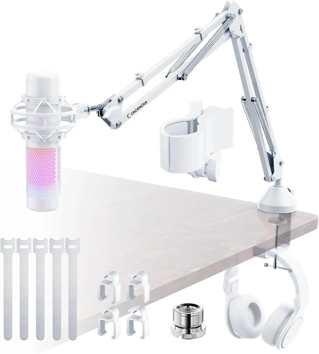 Boom Arm Micophone, Mic Arm Desk Mount Foldable with 3/8'' to 5/8'' Screw Adapter Adjustable Mic Stand for Podcasting Gaming Recording - White