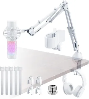 Boom Arm Micophone, Mic Arm Desk Mount Foldable with 3/8'' to 5/8'' Screw Adapter Adjustable Mic Stand for Podcasting Gaming Recording - White