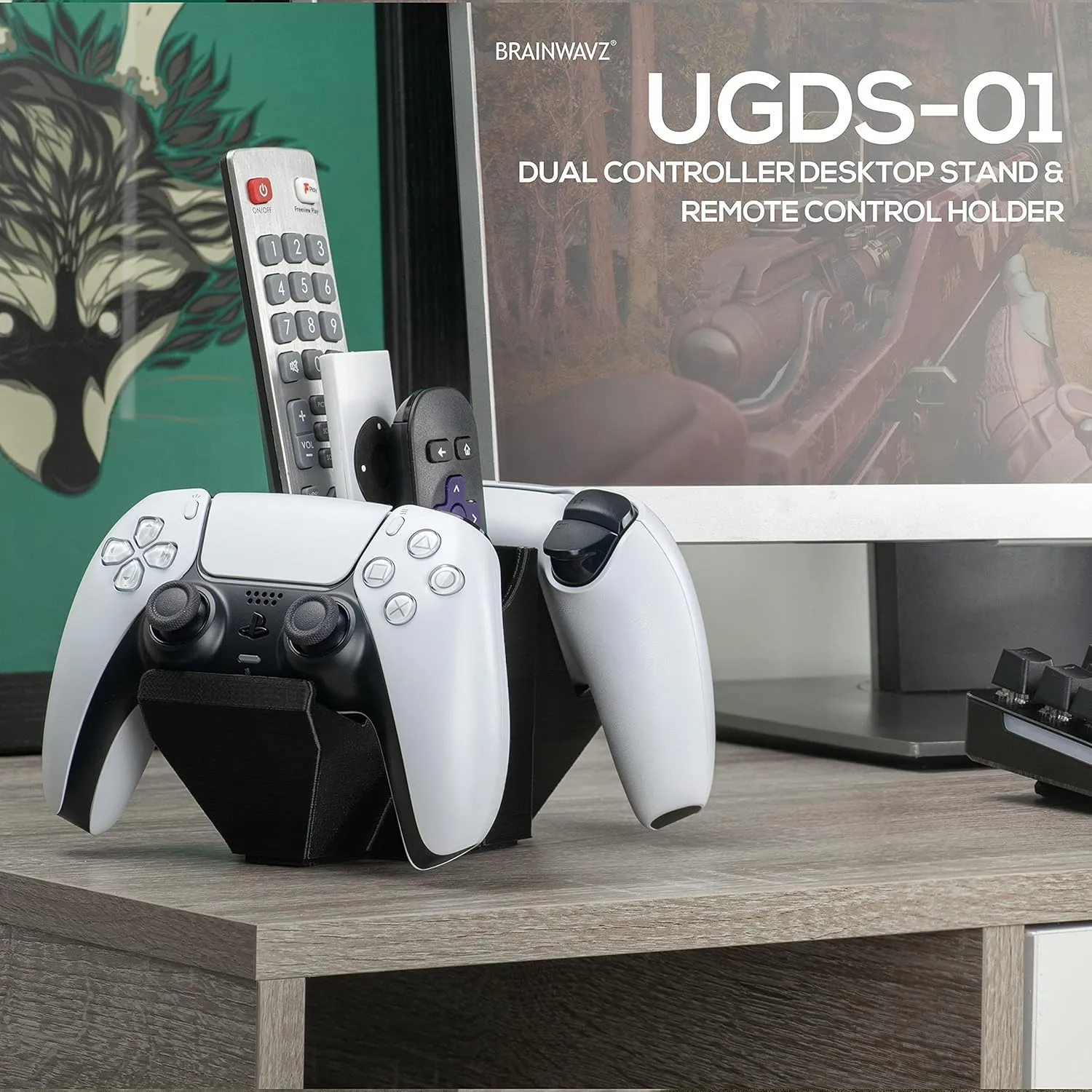 BRAINWAVZ Dual Game Controller & Storage Desktop Holder, Universal Design for Xbox ONE PS5 PS4 PC Gamepads, Reduce Clutter, UGDS-01