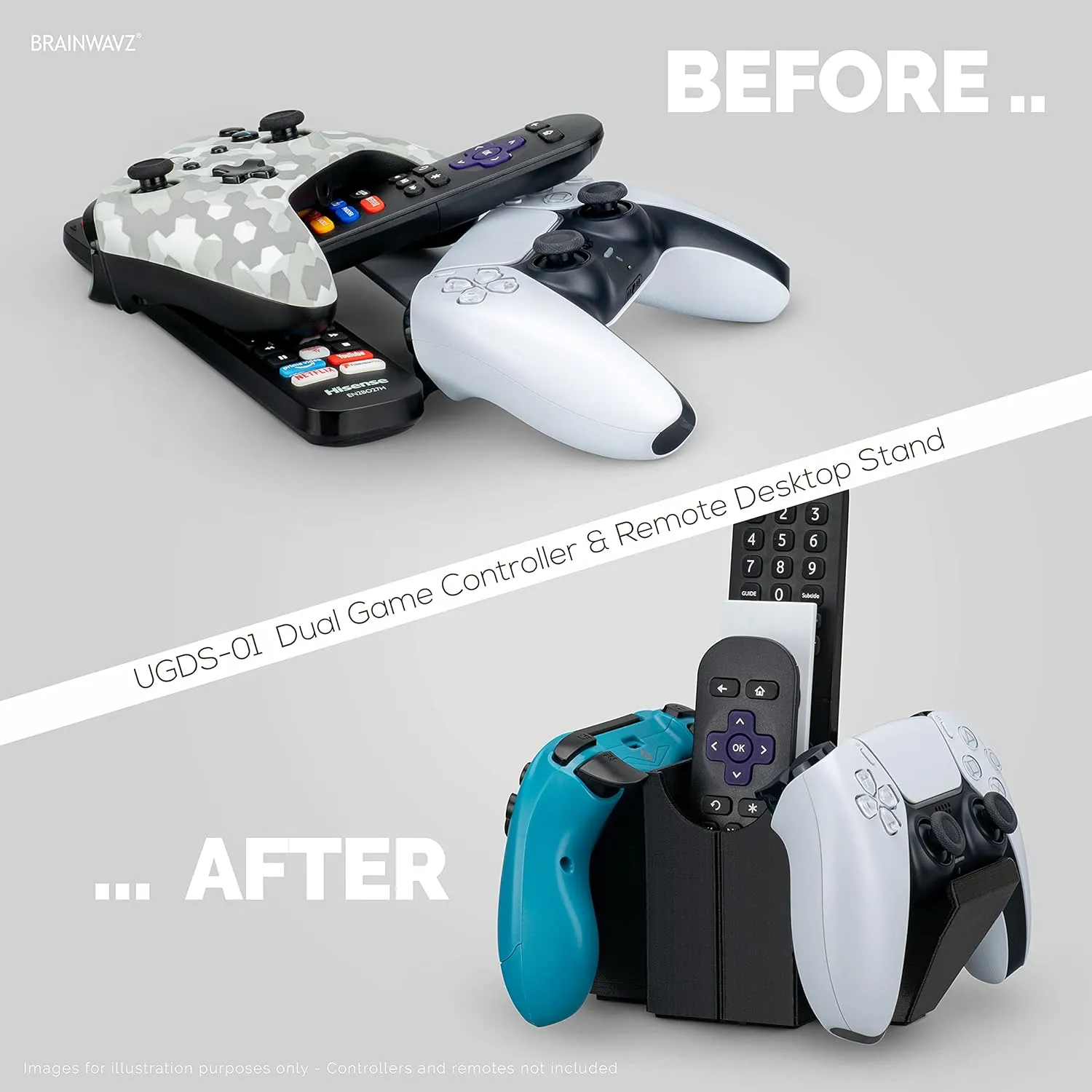 BRAINWAVZ Dual Game Controller & Storage Desktop Holder, Universal Design for Xbox ONE PS5 PS4 PC Gamepads, Reduce Clutter, UGDS-01