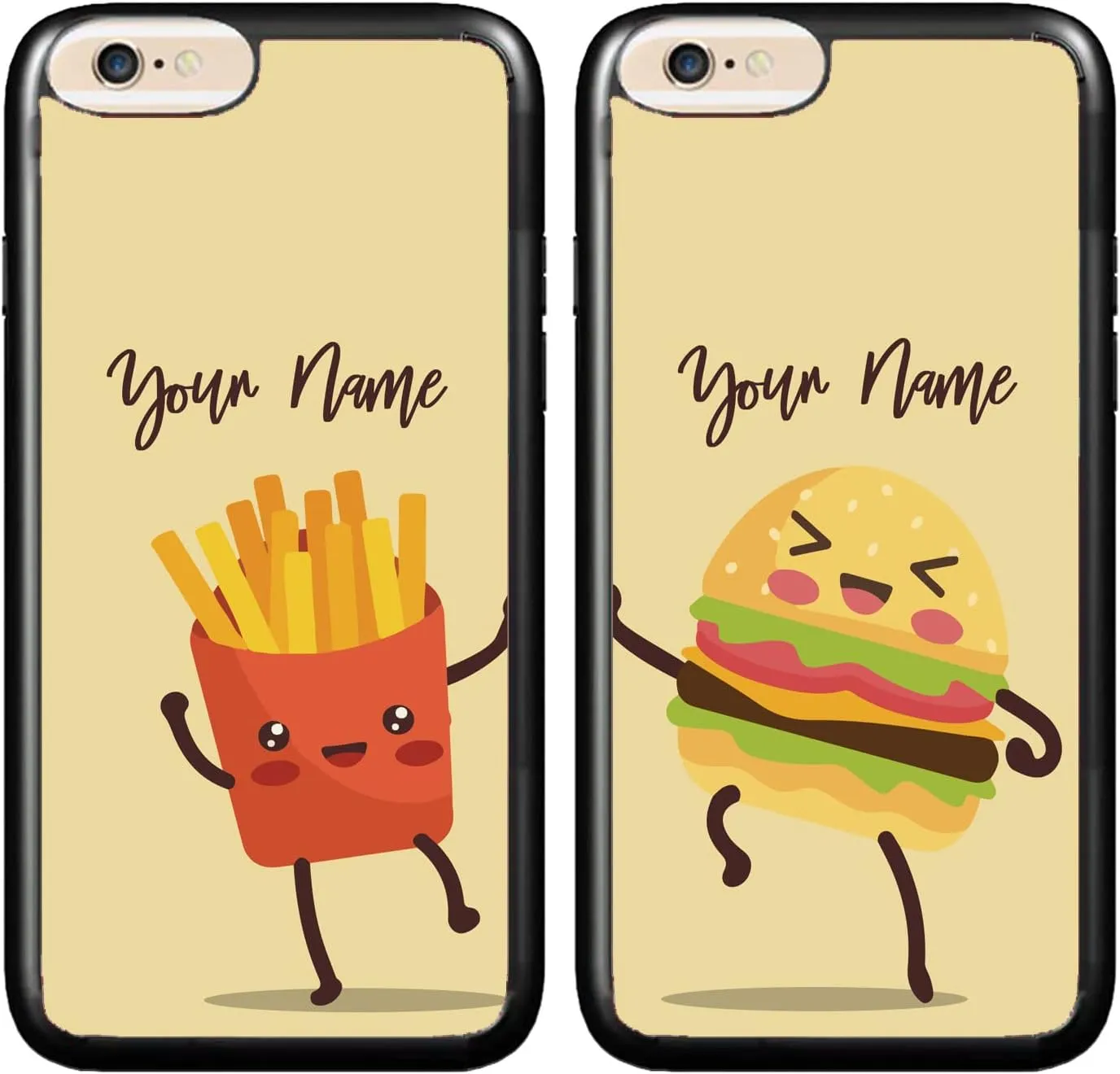 BRGiftShop Personalized Custom Name Rubber Phone Case for iPhone SE 2020, 6 6s / 7/8 Set of 2 Best Friends Cheese Burger French Fries Besties