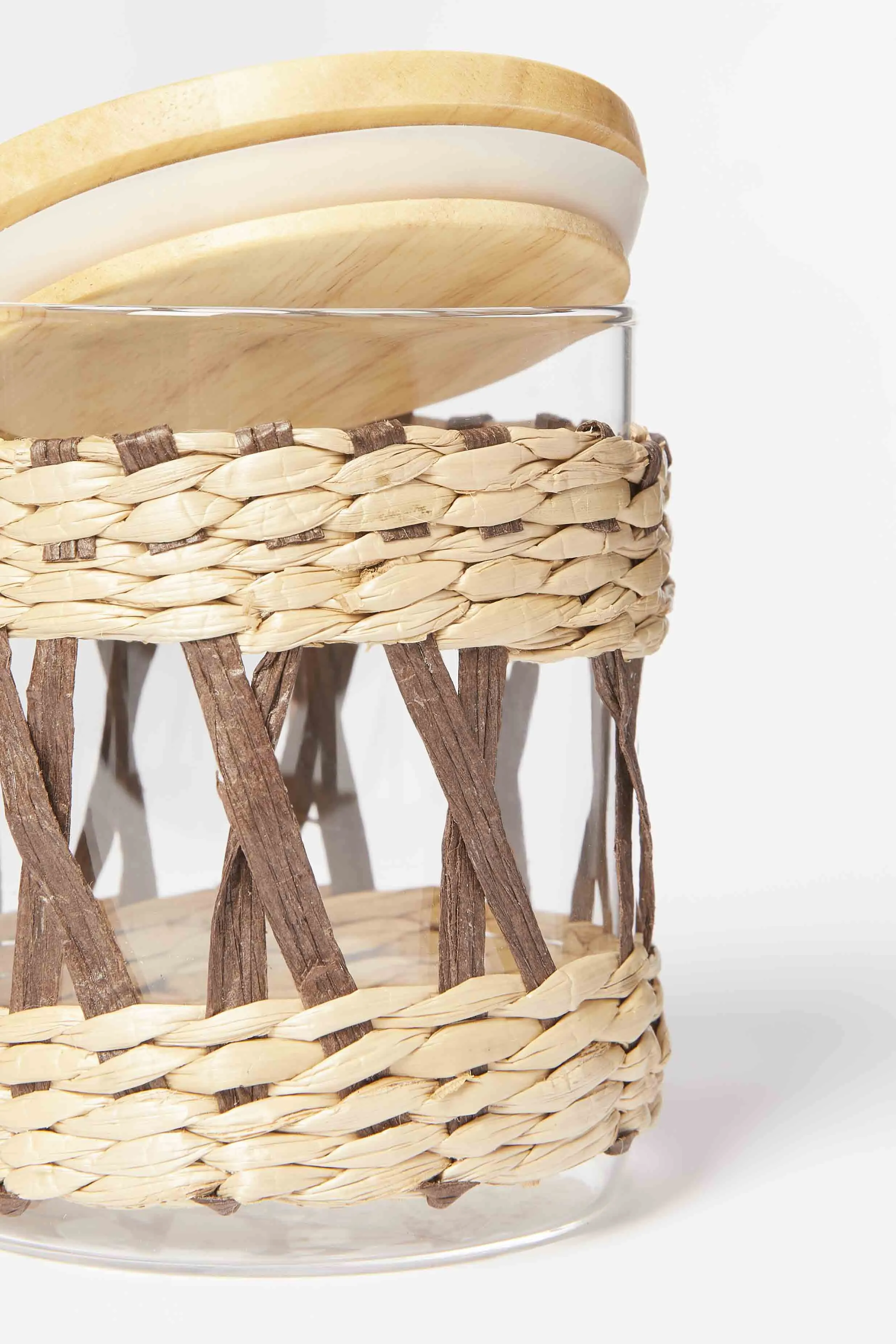 Brown Glass Jar With Weaving And Wooden Lid (Small)