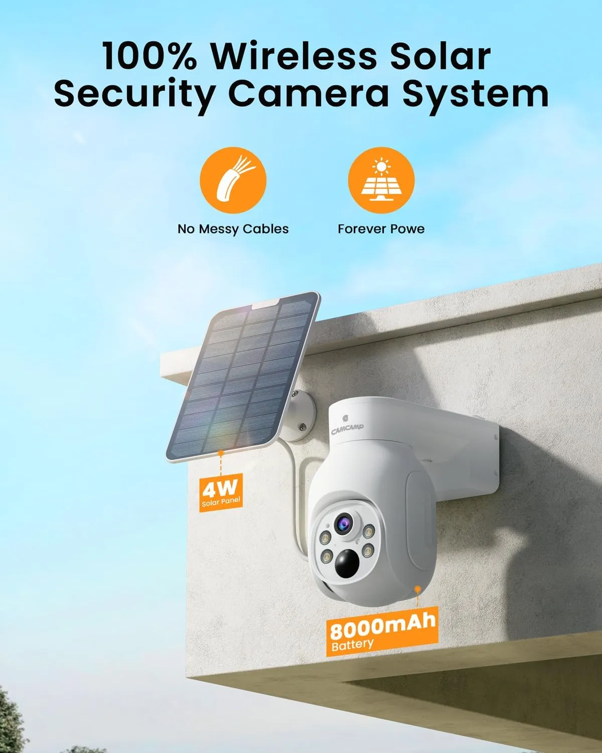 Camcamp Solar Security Cameras Wireless Outdoor, Home Security Cameras System, Solar-Powered No Subscription 360 Pan & Tilt 2K Color Night Vision 2.4G & 5G WiFi Surveillance Security Camera