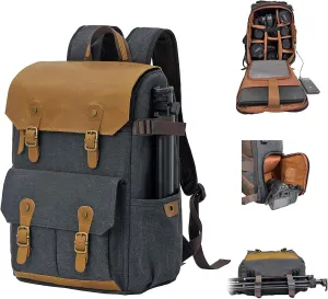 Camera Backpack - DSLR SLR Vintage Leather Style Waterproof Canvas Bag Backpack with 15.6 inch Laptop Sleeve Compartment - Double Tripod Holder for Canon Nikon Sony Camera